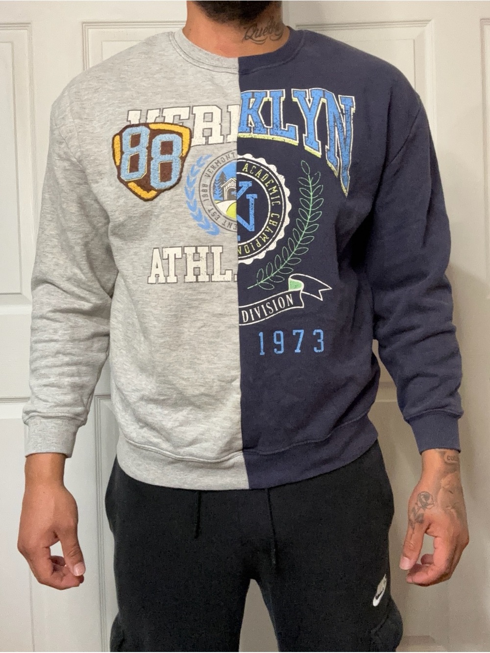 RSQ Two-Tone Crewneck Sweatshirt in Gray and Navy with Athletic Crest